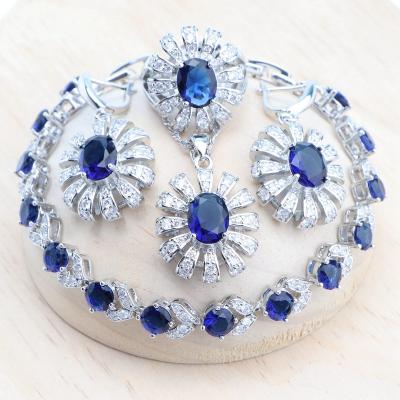 China CLASSIC 925 Silver Blue Zircon Wedding Jewelry Sets For Women Bridal Stones Earrings Bracelets Set Rings Pendant Necklace for sale