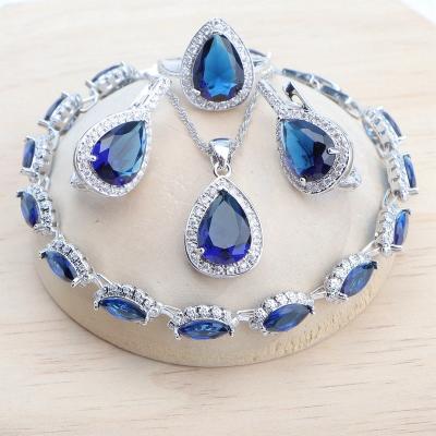 China CLASSIC Blue Zircon 925 Silver Wedding Jewelry Sets Factory For Women Costume Stone Pendant Necklace Earrings Bridal Rings Bracelets Set for sale