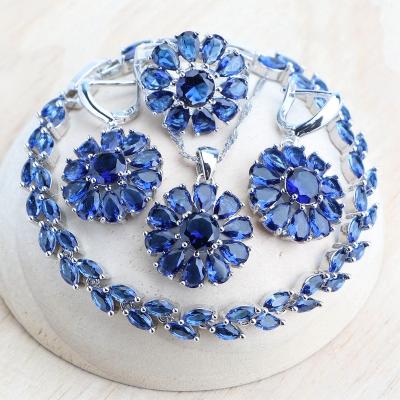 China FASHIONABLE Wedding Blue Zircon 925 Silver Jewelry Sets Earrings Bridal Rings Bracelets Stone Costume Pendant Necklace Set For Women for sale