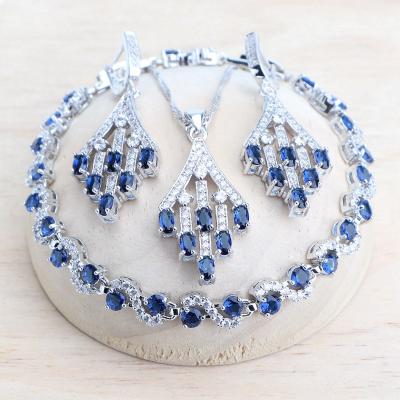 China TRENDY Blue Zircon 925 Silver Jewelry Sets Wedding Suit Stone Bracelets Earrings Pendant Necklace Set For Women for sale