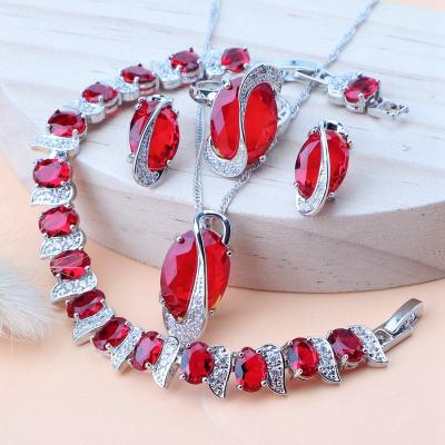 China FASHIONABLE Red Zirconia 925 Silver Wedding Jewelry Sets For Women Bridal Rings Stones Bracelets Necklace Pendant Set for sale