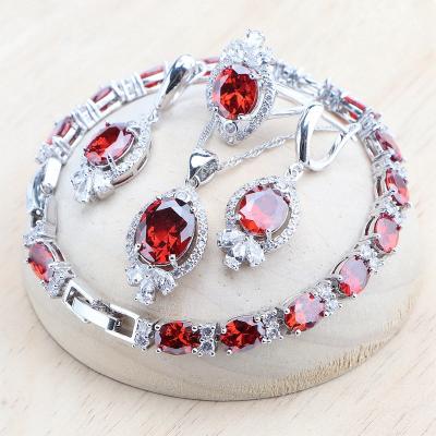 China TRENDY 925 Bridal Silver Red Cubic Zircon Jewelry Set Wedding Earrings For Women Stones Rings Necklace Bracelets Pendant Set for sale