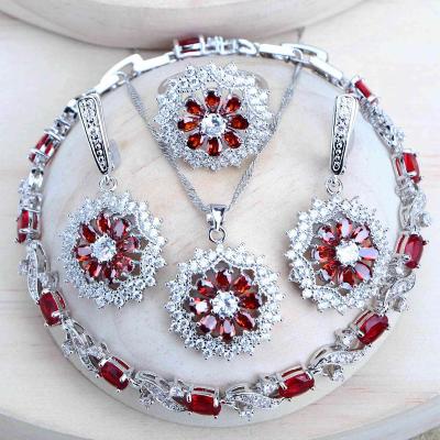 China CLASSIC Red Zircon 925 Silver Jewelry Sets Earrings Wedding Bridal Ring Bracelets Pendant Necklace Set For Women for sale