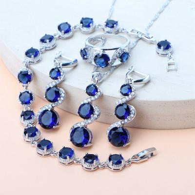 China TRENDY 925 Silver Wedding Jewelry Sets For Women Bridal Blue Rings Zircon Bracelets Necklace Pendant Earrings Set for sale