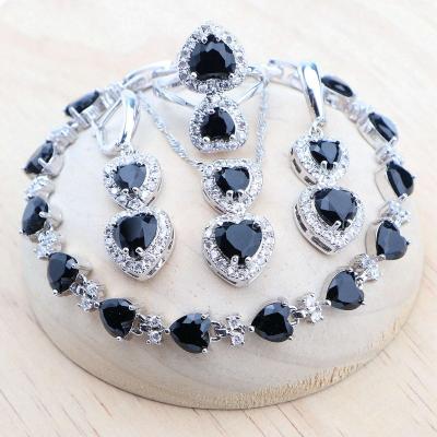 China TRENDY Black Zircon 925 Silver Jewelry Sets For Women Earrings Stones Bracelets Rings Necklace Bridal Wedding Bridal Set for sale