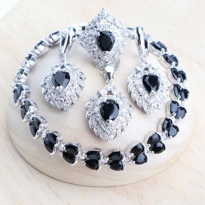 China FASHIONABLE Black Zircon 925 Silver Wedding Jewelry Sets Factory For Stone Women Costume Necklace Pendant Set Earrings Bridal Rings Bracelets for sale