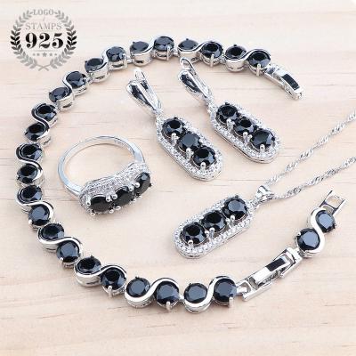 China CLASSIC Wedding 925 Silver Bridal Jewelry Sets For Women Costume Stone Bracelets Set Black Zircon Earrings Ring Pendant Necklace for sale