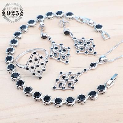 China CLASSIC 925 Silver Black Zircon Jewelry Sets Luxury Bridal Suit Bracelets Set For Women Ring Pendant Wedding Necklace Earrings for sale