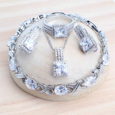 China FASHIONABLE Wedding White Zircon Jewelry Sets 925 Silver Bridal For Women Costume Bracelets Stone Rings Earrings Pendant Necklace Set for sale