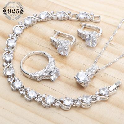 China CLASSIC Wedding White Zircon 925 Silver Jewelry Sets Women Bridal Earrings Ring Bracelets Pendant Necklace Set for sale