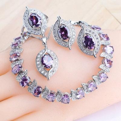 China CLASSIC Purple Zircon 925 Silver Wedding Jewelry Sets For Women Earrings Bridal Rings Bracelets Necklace Pendant Set for sale