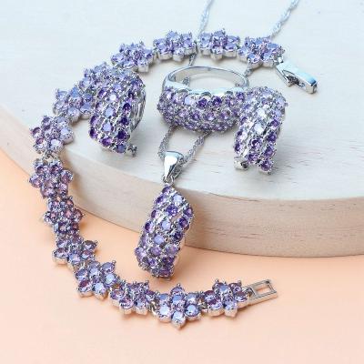 China TRENDY 925 Silver Wedding Jewelry Sets For Women Bridal Purple Rings Zircon Bracelets Necklace Earrings Pendant Set for sale