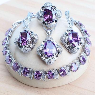 China FASHIONABLE Silver Purple 925 Zircon Bridal Jewelry Sets Wedding Suit Stone Bracelets Set For Women Necklace Earrings Pendant Rings for sale