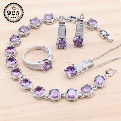 China CLASSIC Luxury Purple Zircon 925 Silver Jewelry Sets For Women Wedding Stones Bridal Bracelets Set Earrings Ring Pendant Necklace for sale