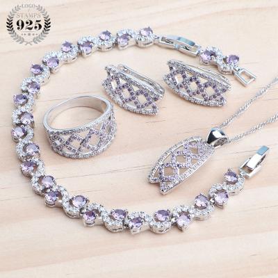 China CLASSIC Luxury Wedding 925 Silver Jewelry Sets Bridal For Women Costume Purple Zircon Earrings Ring Bracelets Pendant Necklace Set for sale