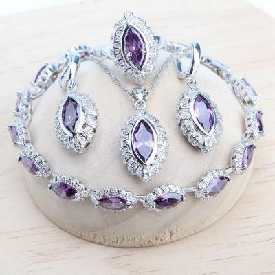 China CLASSIC Purple CZ 925 Silver Jewelry Sets Bridal Wedding Earrings For Women Ring Bracelets Pendant Necklace Set for sale