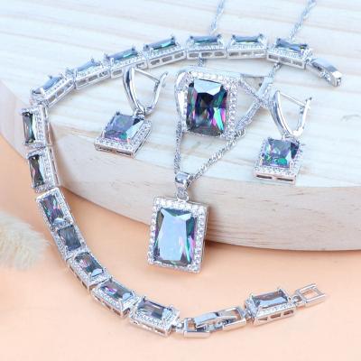 China TRENDY Rainbow Zirconia 925 Silver Wedding Jewelry Sets For Women Bridal Rings Stones Bracelets Necklace Pendant Set for sale