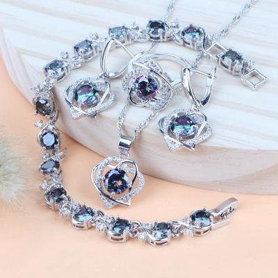 China FASHIONABLE 925 Silver Rainbow Zirconia Magic Jewelry Set Women Wedding Earrings Bridal Rings Stones Bracelets Necklace Pendant Set for sale