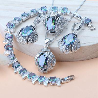 China CLASSIC 925 Silver Wedding Jewelry Sets Natural Magic Earrings Ring Bracelets Pendant Necklace Set Rainbow Bridal Women for sale