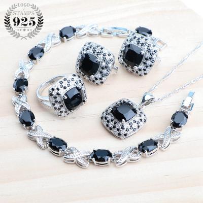 China CLASSIC 925 Silver Bridal Jewelry Sets Women Wedding Black Zircon Earrings Ring Bracelets Pendant Necklace Set for sale