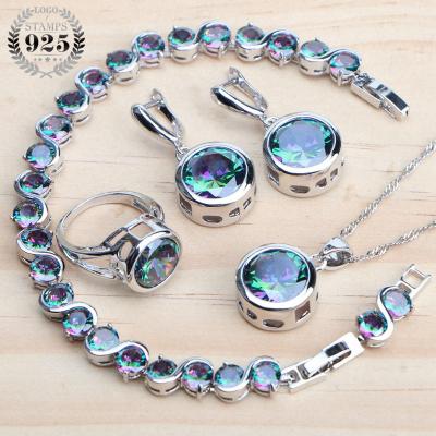 China TRENDY 925 Silver Jewelry Sets Natural Magic Rainbow Zircon Earrings Ring Bracelets Pendant Wedding Necklace Set Bridal Women for sale