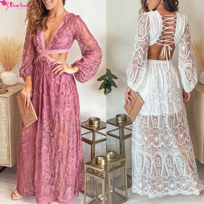 China 2022 New Fashion Anti-static Women Cut Lace Bubble Long Sleeve Maxi Dress Ladies Dress Elegant Dress 2t Monki for sale