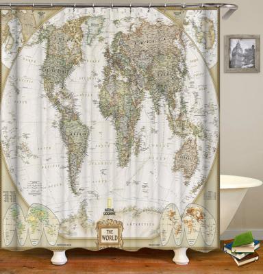 China Sustainable Custom Bathroom World Map Pattern Shower Curtain for sale