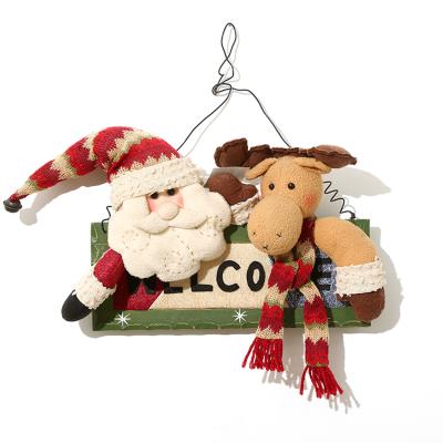 China Christamas Home Decoration Plush Santa Claus Elk Doll Hanging Wooden Sign Door Christmas Decorations for sale