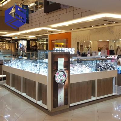 China Wholesale Retail Mall Kiosk Design Watch Kiosk Glass Watch Display Counters Showcase Wooden Watch Kiosk For Shopping Mall for sale