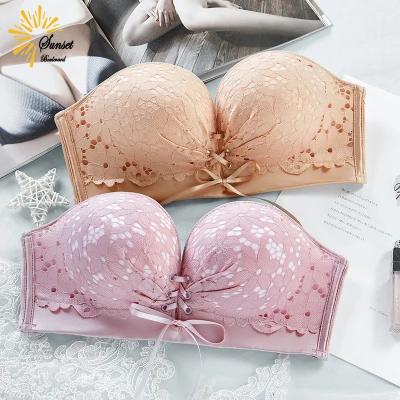 China Seamless Sexy Beautiful Back Strapless Women Gather Bra Lingerie Temptation Push Up Bralette Breast Lace Super Invisible Bra Small for sale