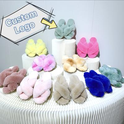 China Fashion Trend Custom Winter Fuzzy Indoor Outdoor Home Vegan Warm Fur Slides Faux Sheepskin Slippers For Women for sale