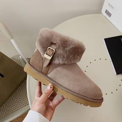 China New Fashion Trend Leather Strap Double Face Decoration Soft Sheepskin Snow Black Winter Boots For Women for sale