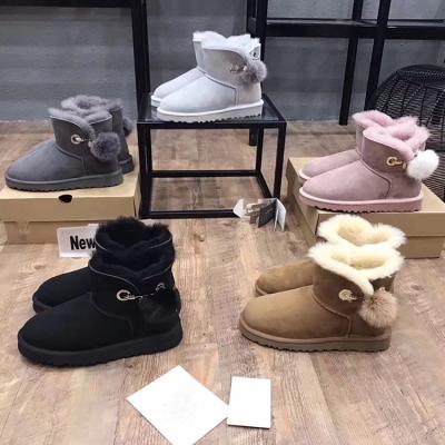 China New Arrival Round Cute Hair Ball Decoration Double Face Sheepskin Ankle Snow Winter Boots For Women for sale