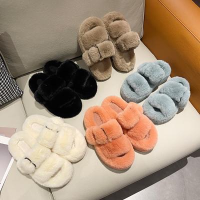 China Fashion Trend Hot Selling Women's Vegan Two Strap Luxury Indoor Comfortable Faur Mink Fur Slippers Custom Logo for sale