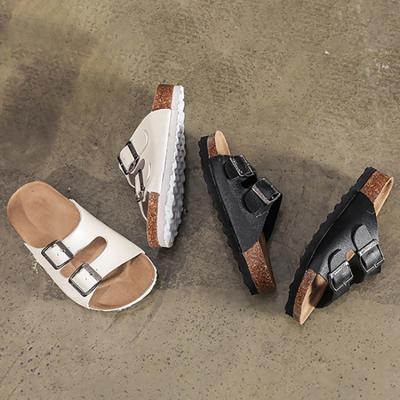 China Summer Round Custom Cool Fashion Outdoor Men Open Toe Two Strap Flat Cork Leather Sandals Slippers for sale