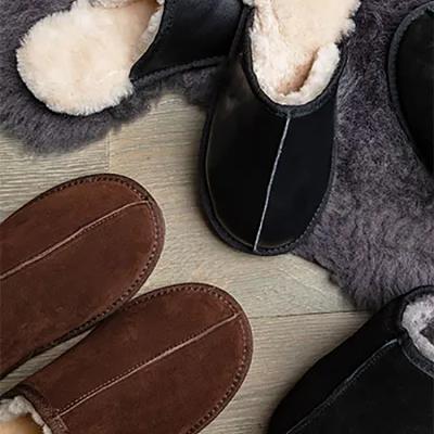 China Custom Made Warm Handmade Winter Cowhide Mens Suede Leather Bedroom Wear Genuine Sheepskin Slippers Woolen for sale