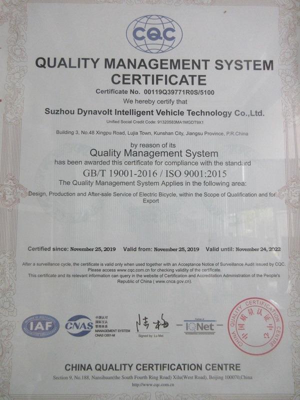 ISO9001 - Suzhou Dynavolt Intelligent Vehicle Technology Co., Ltd.