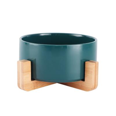 China Sustainable Pet Feeding Bowl Premium Dog Water Feeder Ceramic Food Bowls Dishes With Wooden Stand For Cats for sale