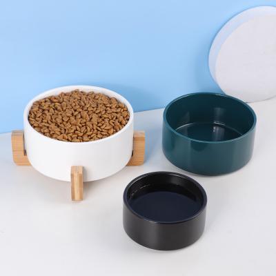 China Custom Sustainable Wholesale Ceramic Non Feeder Dog Sliding Elevated Pet Bowl With Wooden Stand For Cats for sale