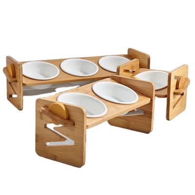 China Non-Automatic Accept Custom Logo Wooden Frame Pet Adjustable Ceramic Elevated Bowls for sale