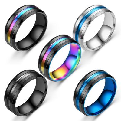 China New environmental friendly single high-grade bevel edge stainless steel slotted colorful blue torque titanium steel ring for sale