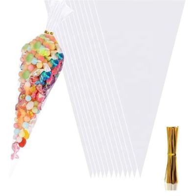 China 100 Pcs Recyclable Cones Bags With 100 Pcs Twist Ties, 5.12 * 9.84 Inch Christmas Triangle Candy Bags Clear OPP Plastic Treat Bags for sale