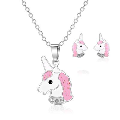 China Colorful Cute Unicorn Designs Necklace Earrings Jewelry Stainless Steel Cute Enamel Set for sale