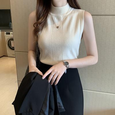 China 2021 Viable in Hot Selling Summer New Design Women's Stand Collar Shirt Solid Color Sleeveless Base Knit Sweater Vest Lady's Tops T-Shirt for sale