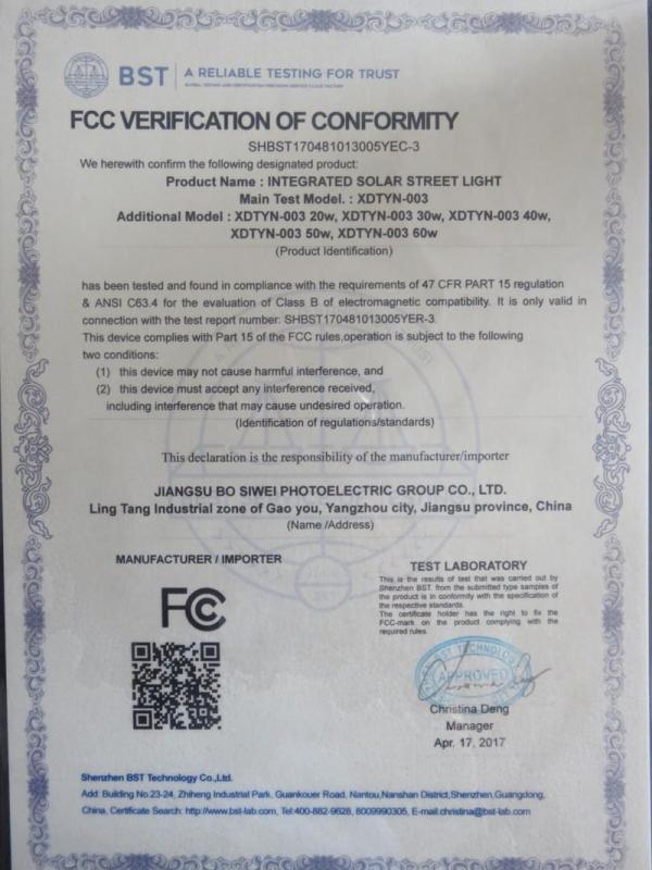 FCC - Jiangsu Bosiwei Optoelectronics Group Co., Ltd.