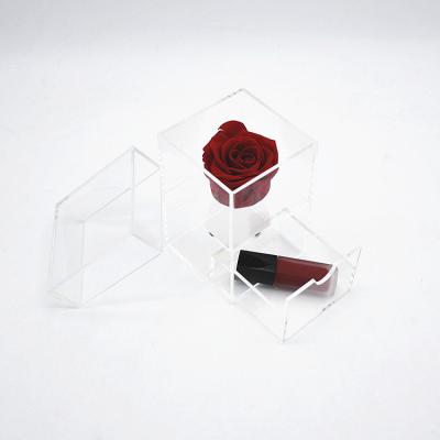 China Deploying Rose Flower Forever Preserved Single Square Round Corner Lid Plexiglass Rose Flower Box Acrylic Clear Eternal Acrylic Rose Box With Drawer for sale