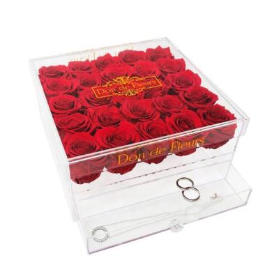 China Custom Acrylic Bridal Square Clear Acrylic Storage Box Morden Bouquet Box Packaging Roses Gift With Drawer for sale