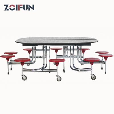 China Contemporary Chrome Finished Dining Table And Canteen Weave Dark Edge Foldable Round Mobile Cafeteria Table With Stools for sale