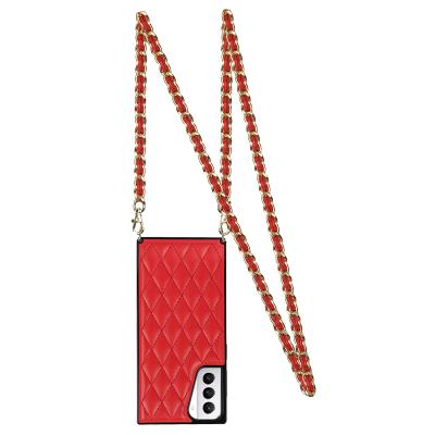 China Anti-fall Phone Accessories For Samsung Lanyard Neck Strap Necklace Leather Phone Cover For Samsung S21 Plus for sale