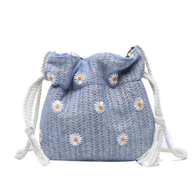 China PORTABLE Bucket Bag Daisy Single Shoulder Hand Bag Linen Ladies Handbags For Women Cute Drawstring Cross - Body Bag for sale